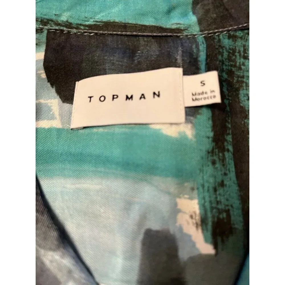 Topman Mens Small Green Colorful Abstract Print Short Sleeve Button Up Shirt